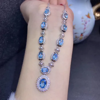 Prírodné blue topaz gem náhrdelník Prívesok S925 striebro prírodný drahokam náhrdelník Luxusné Diana žena, dievča strany darček šperky