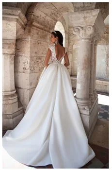 Princezná Svadobné Šaty Krátke Rukávy Elegantné Appliqued A-Line Nevesta Šaty S Vreckami Boho Svadobné Šaty