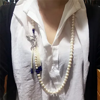 Ručne viazané prírodné 8-9mm biela sladkovodné perly modrý kameň motýľ strapec náhrdelník sveter reťazca módne šperky