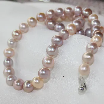 Jemné šperky prírodné perly 8-9MM zmiešané farby fialová ružová perlový náhrdelník 925 Strieborná spona 18-PALCOVÉ