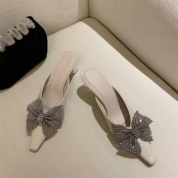2022 Nové Lesklé Rhineston Crystal Podpätky Sandále Lady Papuče Pošmyknúť Na Jazdcov Fashion Vysoké Podpätky Žena Šaty Topánky Zapatos Mujer