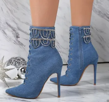 Elegantný denim modrá korálkové módne topánky veľkosť 35-42 ukázal prst tenké vysoké podpätky string korálky očarujúce jar, jeseň, členkové topánky