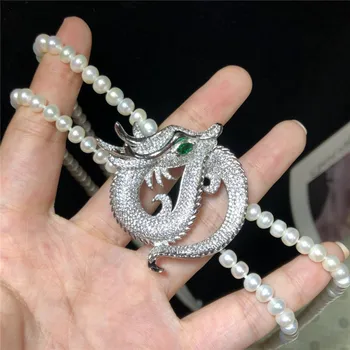 Ručne viazané prírodné 6-7mm biela kolo sladkovodné perly hlavy draka micro vložkou zirkón príslušenstvo náhrdelník módne šperky