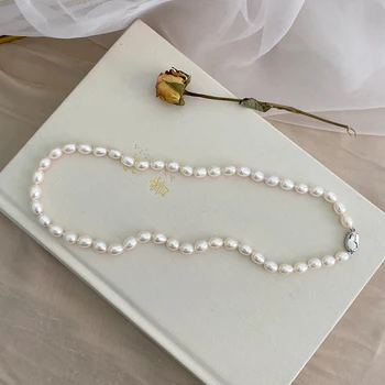 ASHIQI 7-8mm prírodné sladkovodné perly žien náhrdelník skutočné 925 sterling silver pracka, biela ryža v tvare perly šperky darček