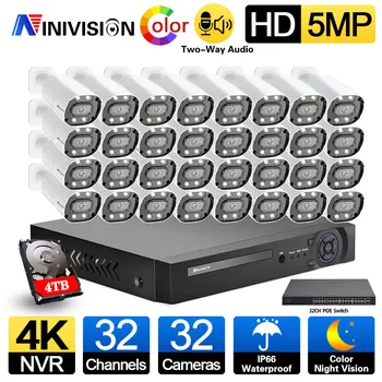 NINIVISION HD H. 265+ 32CH 4K NVR 5MP Krytý Vonkajší Farba Noc obojsmerné Audio POE IP Kamera Auta 5MP Video kamerovým Systémom