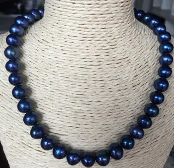 Elegantné 9-10 mm kolo Tahitian čierna modrá kolo perlový náhrdelník 18-palcové