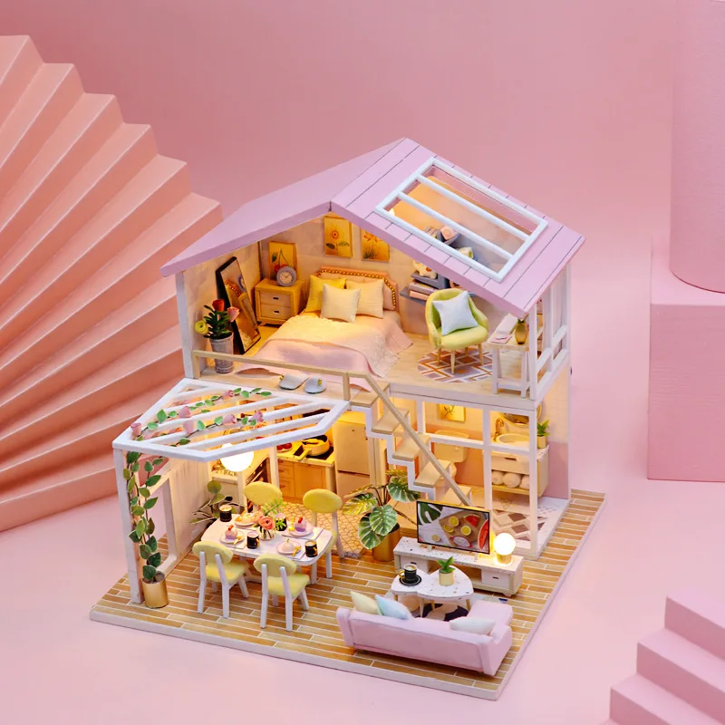 Diy Chata Mini Ručné Doll House Model Drevené Remeselné Stavebné Darček k Narodeninám Dieťa Hračku Dva-príbeh Home Pink Iny Štýl Dekorácie