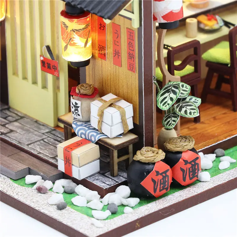DIY Drevený domček pre bábiky Japonské Sushi Bar Architektúry Bábika Domy Miniatúrne Nábytkom, Hračkami pre Deti Priateľ Narodeniny Darček