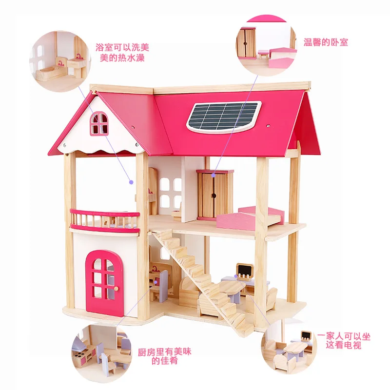 Drevené ružová chata hrať dom dom vila detí DIY hračka kuchyňa doll house dievča, darček k narodeninám