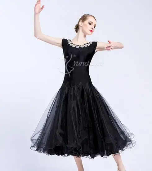 Prispôsobiť black bez rukávov súťaže Fox klus Valčík tango praxi ballroom dance šaty kvetina tlače M-1729