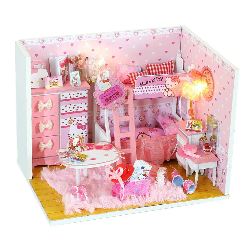 Ružová Princezná Štýle DIY Doll House Dievča Kitty Princess Dom Puzzle Ručne vyrábané Hračky pre Deti Vianočný Darček Narodeninové Prekvapenie