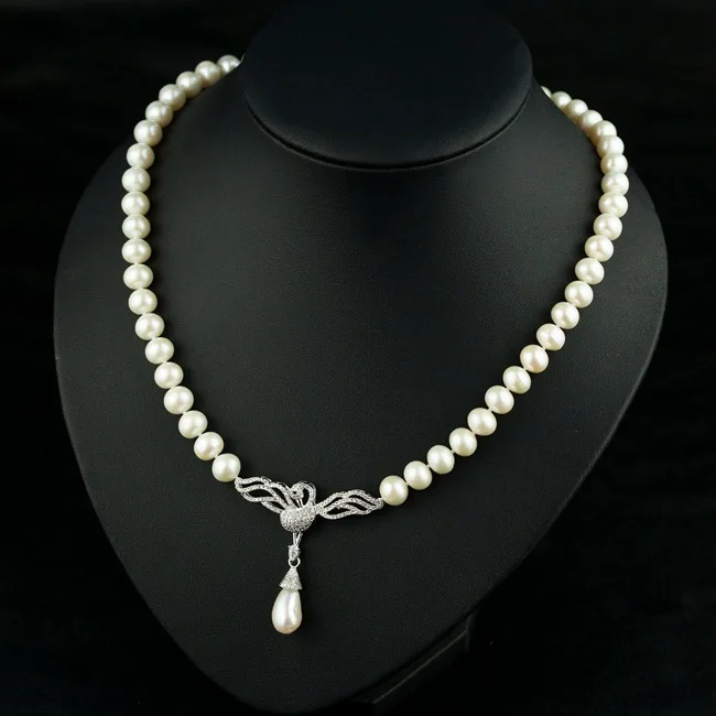 Skutočné Perly Swan Náhrdelník Nové Nádherné Plné Kamienkami Prívesok Viazané Náhrdelník 9-10 mm Biela Perla Ženy Šperky, Svadobné Dary