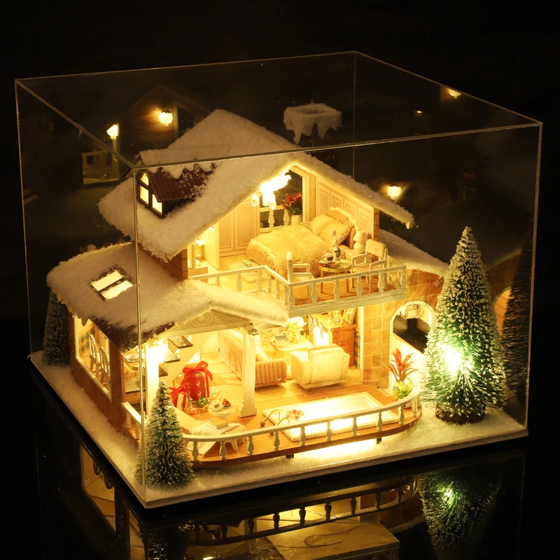 DIY Drevené štedrý deň domček pre bábiky Kit Miniatúrny Dom s Nábytkom Diy Miniatúrne Dom, urob si sám Miniatúrny domček pre bábiky Auta Roombox