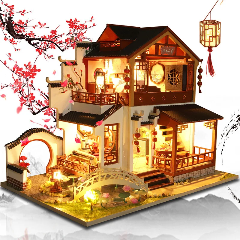DIY Čínsky Retro Architektúry Podkroví Dvore Drevený domček pre bábiky Miniatúrne S Nábytku, Montáž Hračky pre Deti Vianočný Darček Casa