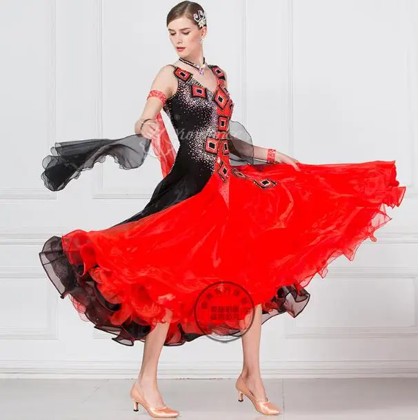 Dospelé ženy, Moderného tanca jednodielne šaty rozšírenie sukne do praxe sukne jeden kus sála šaty, dlhý rukáv, červená, čierna 1980