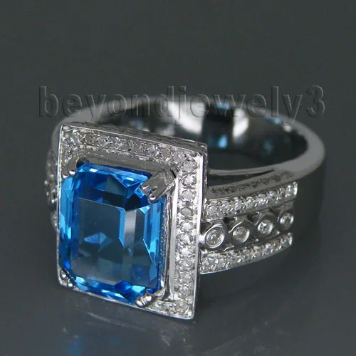 LANMI Pevné 14kt Biele Zlato Blue Topaz Diamantový Prsteň Vintage Emerald Rez 8x10mm Šperky