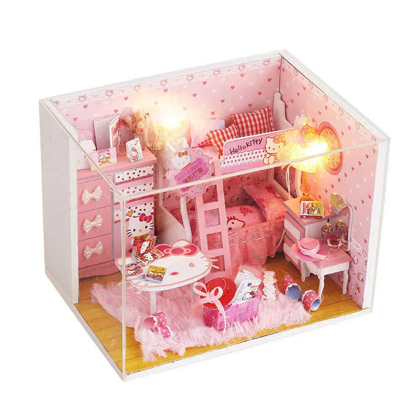 Ružová Princezná Štýle DIY Doll House Dievča Kitty Princess Dom Puzzle Ručne vyrábané Hračky pre Deti Vianočný Darček Narodeninové Prekvapenie