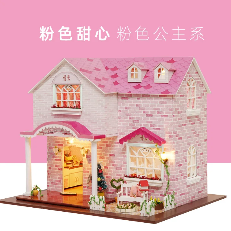 Ružové Srdiečko Doll House Drevený Domček Pre Bábiky Ručné Miniatúrny Model Budovy Súpravy, Montáž Nábytku, Deti Puzzle Hračky-003