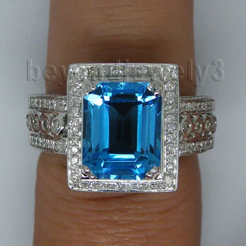 LANMI Pevné 14kt Biele Zlato Blue Topaz Diamantový Prsteň Vintage Emerald Rez 8x10mm Šperky