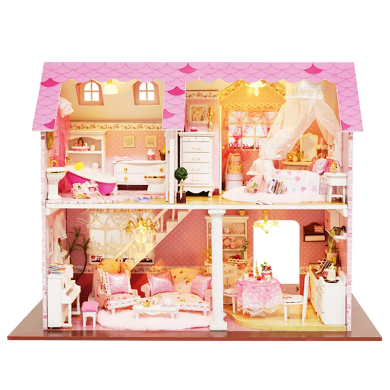 Ružové Srdiečko Doll House Drevený Domček Pre Bábiky Ručné Miniatúrny Model Budovy Súpravy, Montáž Nábytku, Deti Puzzle Hračky-003