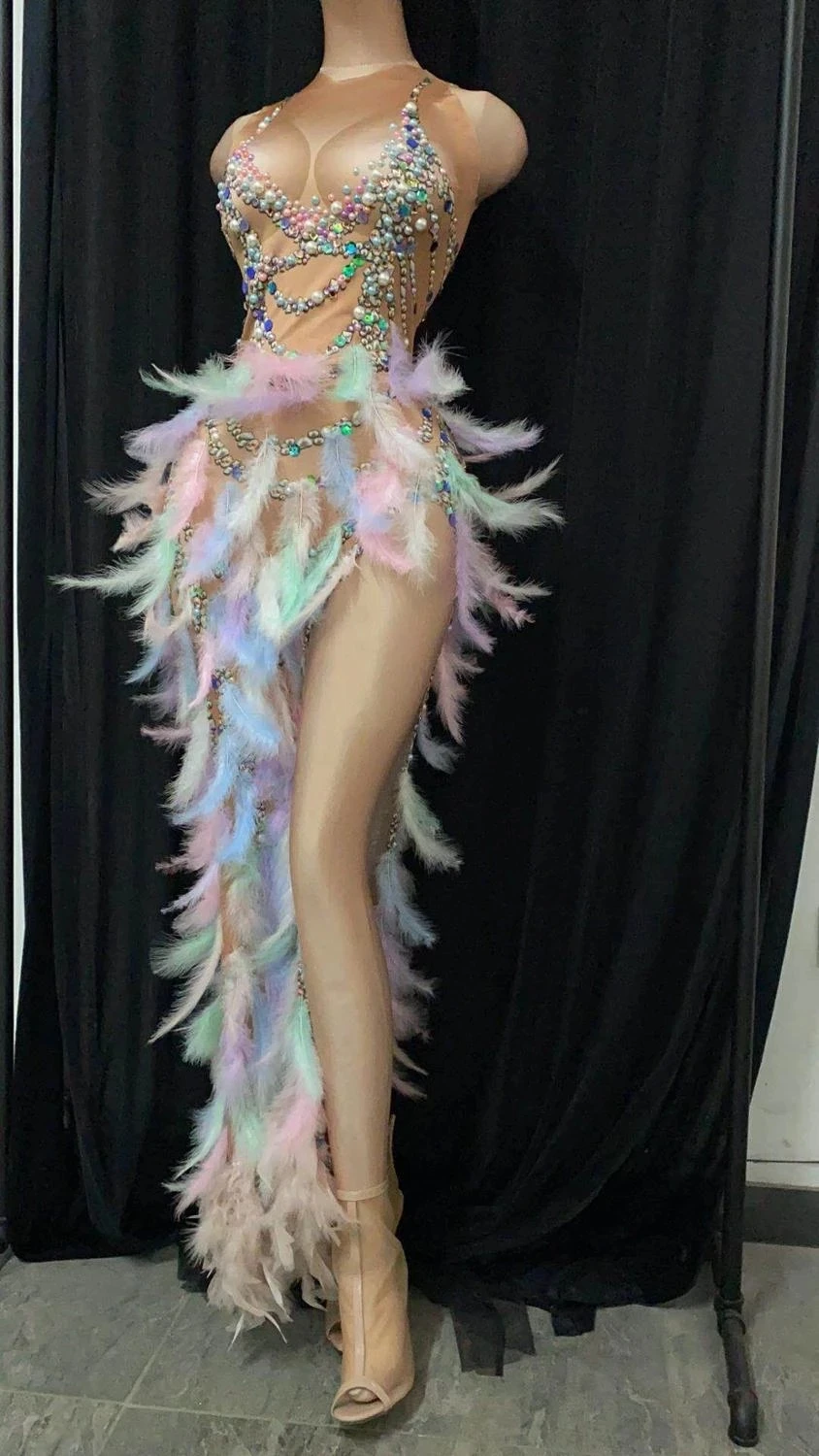 Sexy ženy Drahokamu pearl perie šaty bez Rukávov Prom Vysokej Štrbinou party Šaty Fáze Výkonu zobraziť kostým