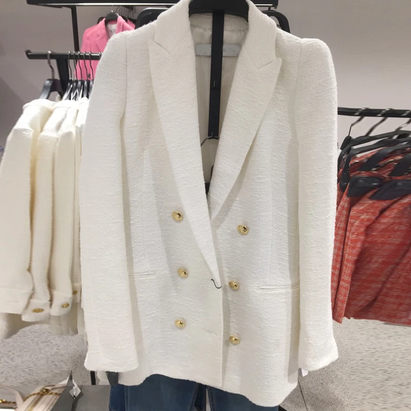 SLLSKY Jeseň Fashion Ženy Biela Tweed Blejzre Bunda Elegantné Tlačidlo Office Suit Kabát Lady Elegantné Dvojité Breasted Outwear Sako