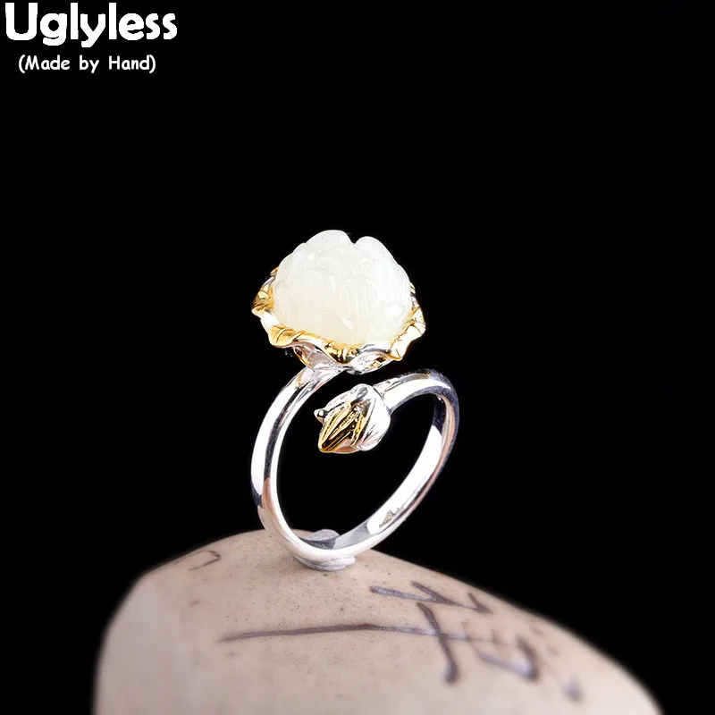 Uglyless Skutočný Prírodný Biely Jade Lotosový Kvet Prstene pre Ženy Pevné 925 Silver Kvetinový Otvoriť Krúžky Elegantná Dáma Šaty, Šperky R940