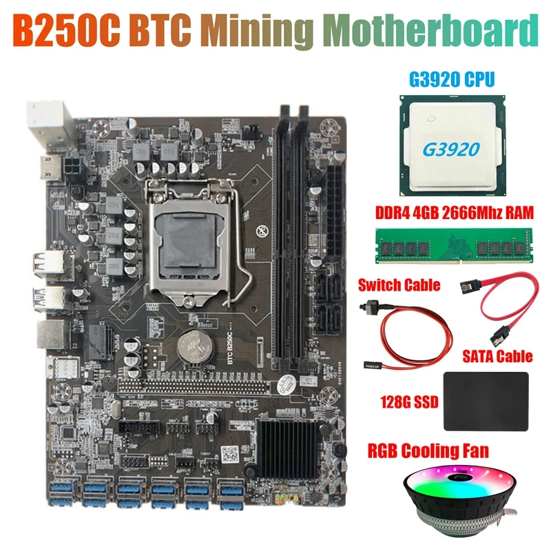 B250C Baník Doske+G3920 CPU+RGB Ventilátor+DDR4 4GB RAM+128G SSD+Switch Kábel usb+SATA Kábel 12XPCIE na USB3.0 GPU Card