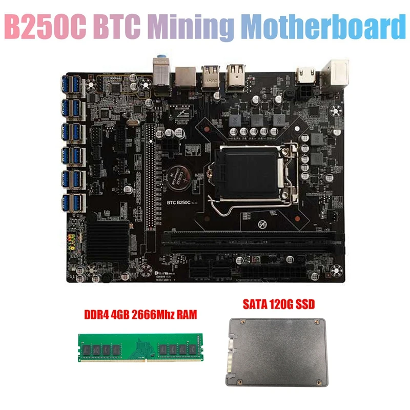B250C BTC Ťažba Doska s 120 G SSD+DDR4 4GB 2666MHZ RAM 12XPCIE na USB3.0 Kartu LGA1151 pre BTC Baník