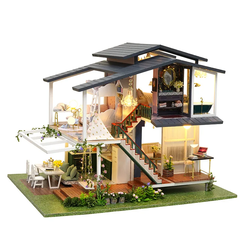 Diy Drevené Druhom Poschodí Miniatúrne Doll House Romantický Moderné Ručné Doll House Kuchyne, Nábytok, Hračky Pre Deti, Vianoce Gif