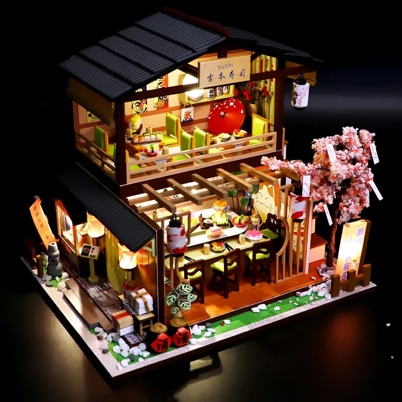 DIY Drevený domček pre bábiky Japonské Sushi Bar Architektúry Bábika Domy Miniatúrne Nábytkom, Hračkami pre Deti Priateľ Narodeniny Darček