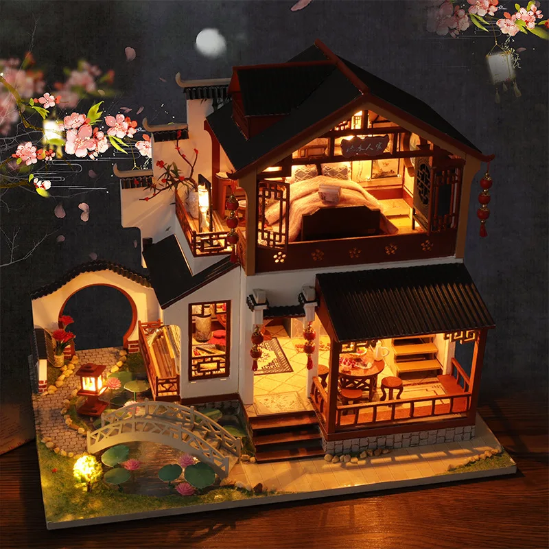 DIY Čínsky Retro Architektúry Podkroví Dvore Drevený domček pre bábiky Miniatúrne S Nábytku, Montáž Hračky pre Deti Vianočný Darček Casa