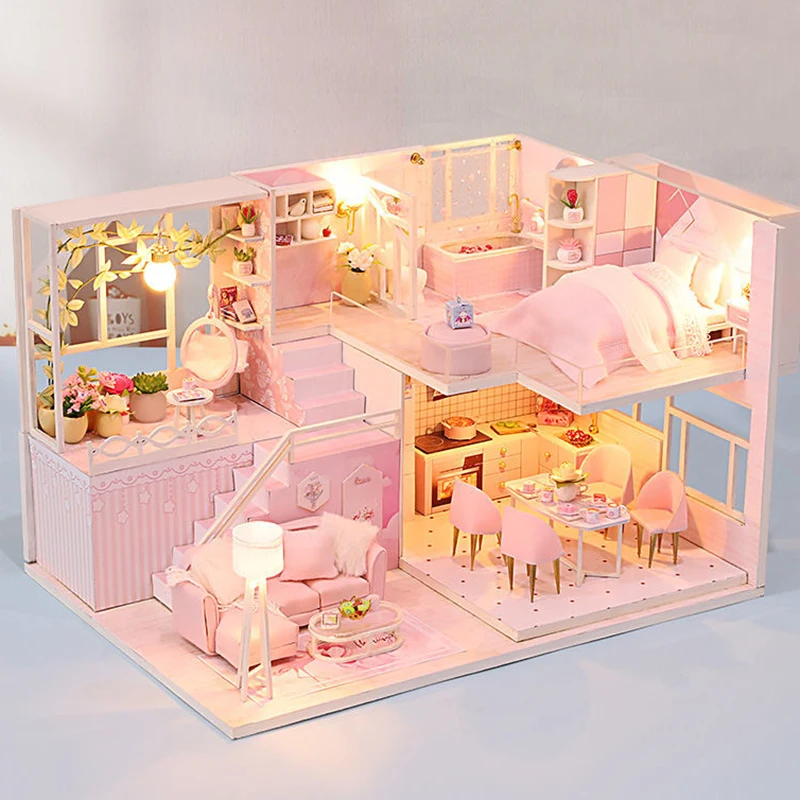 Drevená Bábika Dom Furnitures Diy 3D Podkrovie Drevené Miniaturas Zostaviť domček pre bábiky Hračky pre Deti Narodeninám