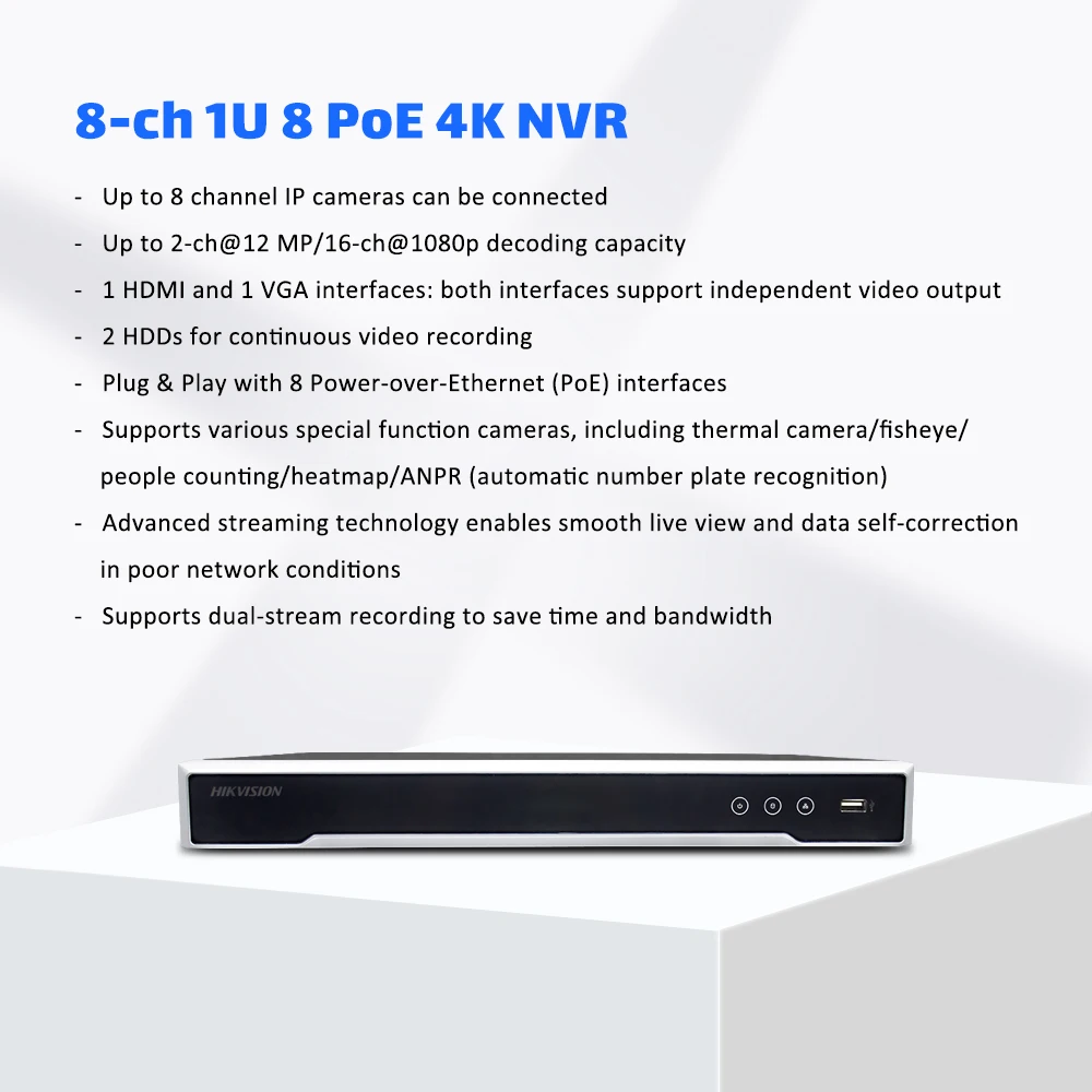 Hikvision 8CH 4K 8MP PoE NVR DS-7608NI-I2/8P H. 265+ Sieťový Video Rekordér pre CCTV kamerový monitorovací Systém, 8 Kanálov PoE NVR