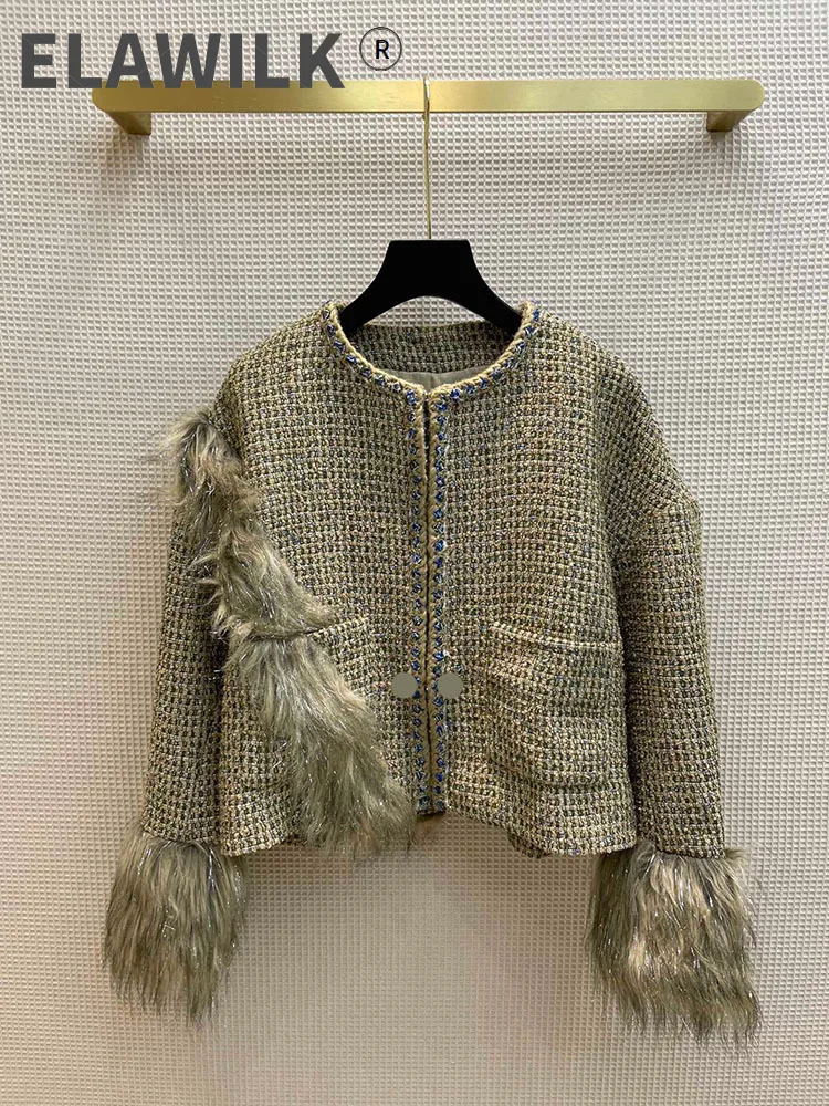 Plyšové Stitched Tweed Coats pre Ženy Vysokej Kvality, O-krk Dlhý Rukáv Coats High-end Značky Zlatá Niť Pletené Coats Jeseň 2021